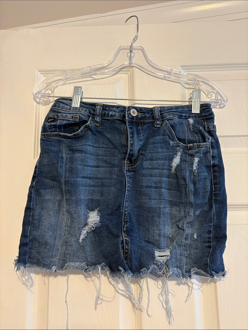 Distressed Dark Blue Denim Skirt - Women